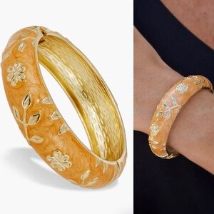 SAVVY CIE JEWELS Enameled Hinge Bracelet Elegant Gold and Orange Floral Bangle